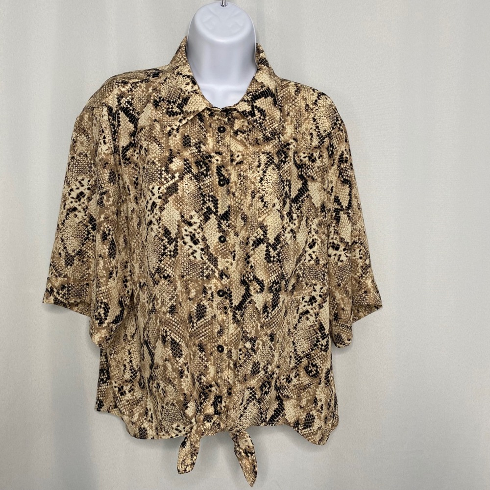 Sanctuary Womens Snakeskin Print Tie Front Button Up Shirt Tan Black Medium